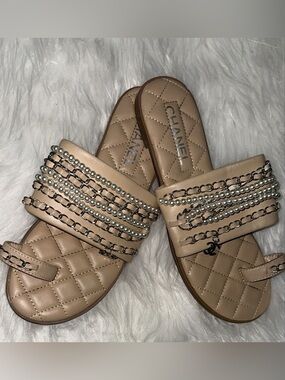 CHANEL Nude Quilted Slide Sandals with Chain & Pearl Straps